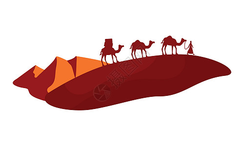 撒哈拉穿越沙漠2D矢量孤立图解的骆驼大篷车插画