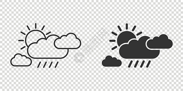 平面样式的天气图标 白色孤立背景上的太阳 云和雨矢量图示 气象符号业务概念 a气候闪电多云雷雨预报天空晴天温度风暴插图图片