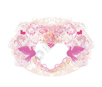 带有爱鸟的浪漫卡片-装饰粉红心形架图片