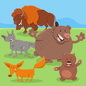 卡通快乐野生动物人物组团体插图漫画哺乳动物野牛婴儿收藏吉祥物朋友们平面图片