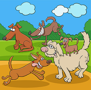 在公园里玩着漫画的狗和小狗角色草地爪子团体快乐微笑尾巴宠物犬类插图收藏图片