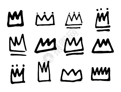 一套黑色的手画王冠 矢量 面条 适合插图图片