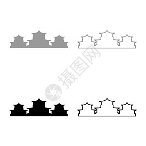 中国传统建筑设置了灰色黑色矢量图示图像图标 固定的填充轮廓轮廓轮廓线细平板风格图片