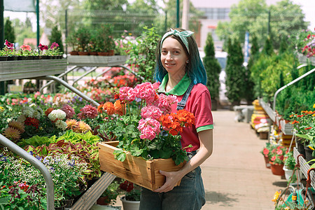 在花园商店工作并安排花盆的花店家微笑店铺温室中心女性植物学植物群女士花园成人图片
