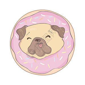 带粉红甜甜甜圈的Puppy Pug 幽默海报 T恤布料拖把哺乳动物小狗乐趣朋友斗牛犬犬类玩具婴儿卡通片图片