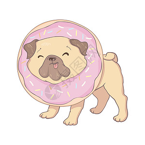 带粉红甜甜甜圈的Puppy Pug 幽默海报 T恤布料哺乳动物卡片朋友卡通片打印艺术绘画微笑漫画玩具图片