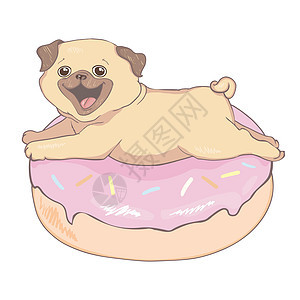 带粉红甜甜甜圈的Puppy Pug 幽默海报 T恤布料拖把朋友漫画动物微笑婴儿孩子玩具小狗卡片图片