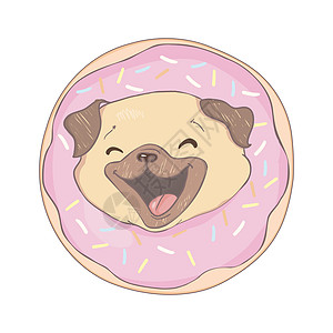 带粉红甜甜甜圈的Puppy Pug 幽默海报 T恤布料乐趣孩子绘画哺乳动物拖把朋友玩具小狗斗牛犬快乐图片