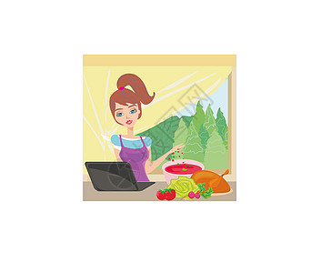 在家厨房做饭时用笔记本电脑找家庭主妇插图火鸡围裙蛋糕博客蔬菜家庭美食烹饪鞭子图片