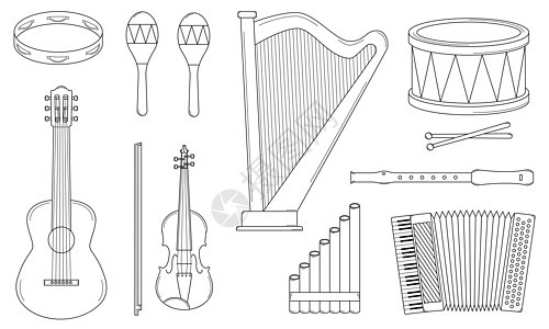 手绘的乐器集 弦 风和震荡乐器图片