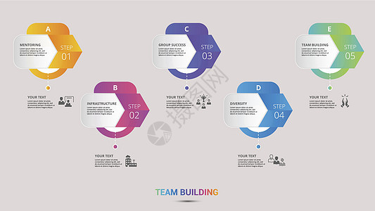 信息图表团队建设图标矢量图 带有可编辑文本的 5 个彩色步骤信息模板拼图伙伴战略公司蓝色合伙咨询商业挑战会议图片