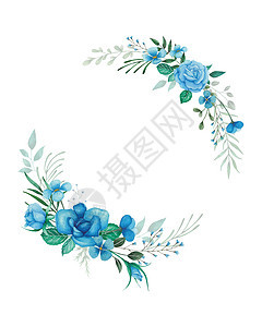 配有蓝玫瑰和绿药草的花朵安排蓝色绘画叶子邀请函植物问候语树叶装饰品绿色植物手绘图片