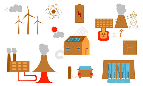 再生能源 一组插图显示了从自然资源中生产能源的方法图片