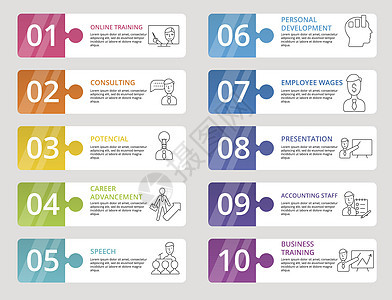 信息商务培训图标矢量说明 10个彩色步骤信息模板 带有可编辑文本团队劳动力导师战略老师领导者工作办公室演讲公司图片