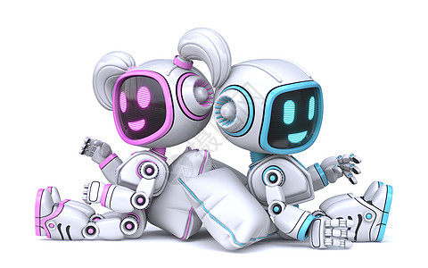 可爱的粉红女孩和蓝男孩机器人 在说枕头3D图片