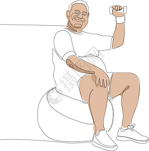 男子坐在健身球上最低概念的概念健康退休实线线条焦虑腰部哑铃平衡手绘治疗图片
