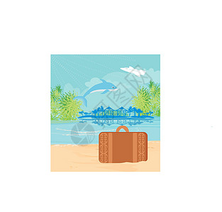 热带岛屿天堂 海豚跳跃海景海浪场景文化插图飞机太阳日落手提箱植物图片