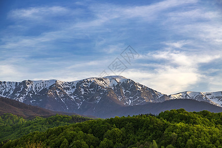 阳光明媚的山景 山上有生动的绿色森林 阳光下的雪山在低云中远足国家登山者旅游天空旅行山腰蓝色顶峰风景图片