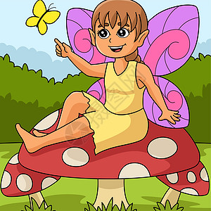 仙子坐在一个有色画像的蘑菇室图片