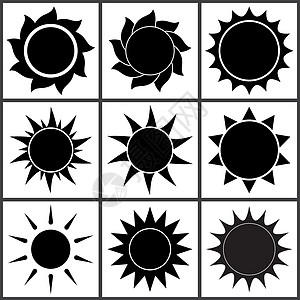 太阳光影集 不同太阳形状的黑色图标 在白色上孤立的矢量插图图片