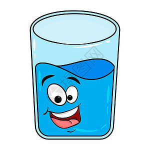 带卡通笑脸的玻璃杯水 用白色背景孤立的矢量插图图片