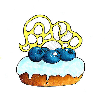 甜甜圈蛋糕 蓝色蓝莓和蓝莓冰淇淋 还有焦糖装饰品 用酒精标记手画图片