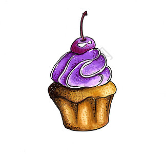 甜蛋糕加紫色奶油和樱桃 手工绘画 记号 白背景的蛋糕盘子糖果商手绘饼干水果面包馅饼小吃巧克力美食图片