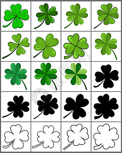 三叶草叶子有四个和三个花瓣绿色图标集 三叶草植物 草 圣帕特里克节 爱尔兰的象征 植物 花卉装饰元素 在白色上隔离的矢量集合插画