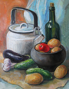 蔬菜 油画和植物的死活胡椒绿色艺术食物棕色水果黄色健康国家红色图片