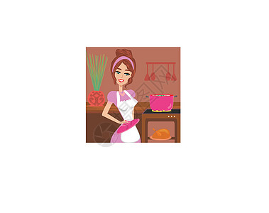美丽的女士烹煮汤和鸡肉衣服鞭子勺子裙子沙漠家务插图服务员午餐主妇图片