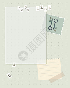 整理用于列出提醒提示笔记 纸片 文字和钥匙 线条纸 邮票印记 古董手工艺品图片
