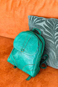 橙色沙发上的绿色皮革现代背包蓝色架子学校手提包桌子公寓行李贮存休息室花盆图片