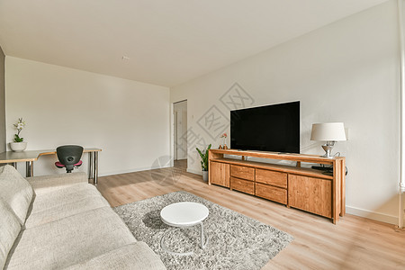 现代公寓中宽敞的客厅木头凳子电视落地灯储物柜住宅桌子沙发房子地毯背景图片