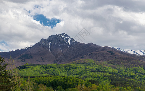 大山峰和绿林之春的多姿多彩的风景图片