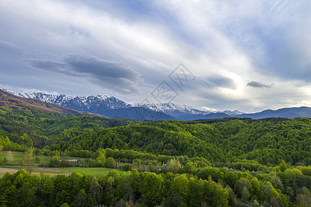 阳光明媚的山景 山上有生动的绿色森林 阳光下的雪山在低云中环境国家山脉远足娱乐顶峰旅游生态旅游岩石全景图片