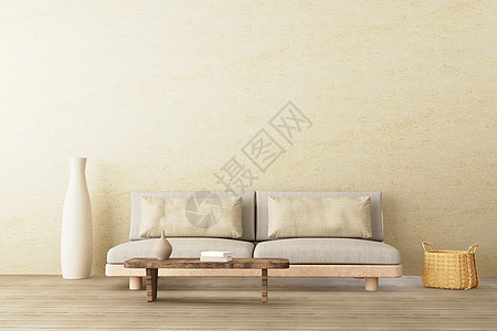 温和中性风格的室内模型 内装沙发低 陶瓷罐 水泥墙壁背景空面的侧桌图片