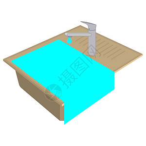 厨房水槽堵塞 水从上到下流动 从水龙头钻水 用测量矢量来说明插图白色脸盆龙头等距管道卫生体积洁具盆地图片