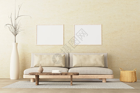 两张横向海报 以中性风格的室内客厅为模版 沙发低 陶瓷壶 侧桌 篮子和空混凝土壁底本书籍背景图片