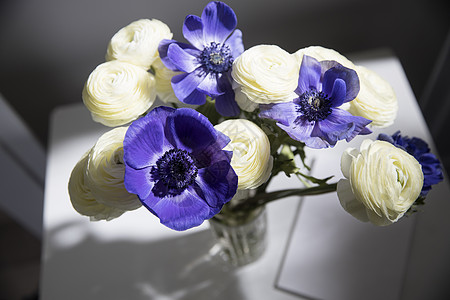 在白桌上的花瓶里 装有白色调子和蓝色阿内蒙叶子花园玫瑰庆典植物群季节花艺花瓣婚礼花束图片