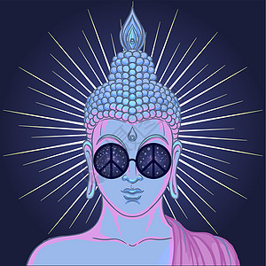 和平与爱 戴着彩虹眼镜的五颜六色的佛陀在耳机里听着音乐 矢量图 太阳镜上的嬉皮和平标志 迷幻的概念 佛教 恍惚音乐打碟机冥想插图图片