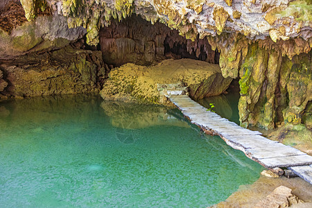 令人惊异的蓝色绿宝石水 和石灰岩洞洞口墨西哥旅行洞穴地质学热带半岛水池池塘假期旅游石头图片