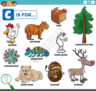 松狮狗带有卡通人物的教学用词c驯鹿语言标题工作簿动物学习绘画插图卡通片水豚设计图片