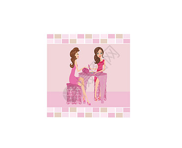 在美容院修指甲的女士工作卡片插图传单服务美丽女孩们女性化妆品卡通片图片
