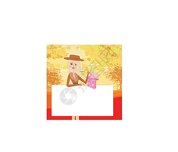 秋季购物的时装女郎-文字框架背景图片