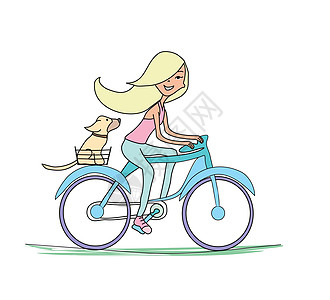 女孩和狗一起骑车自行车微笑女性涂鸦朋友孩子们动物孩子运输树干幸福图片