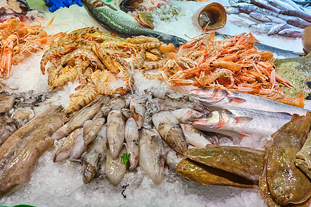 赤棕鱼片出售的鱼 甲壳类动物和其他海产食品背景