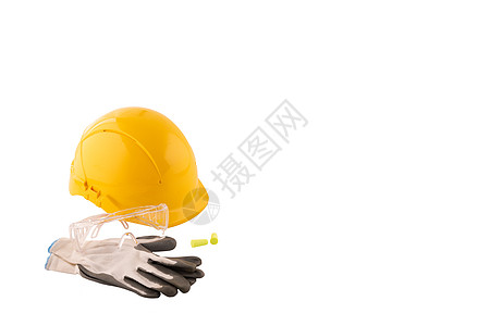 抗冲击安全护目镜 用于手部保护的安全手套 头盔和白色背景的护耳器 始终佩戴您的 PPE 理念图片