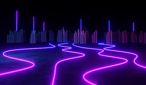 黑暗背景下 RGB 霓虹灯的 3d 渲染 抽象激光线显示在晚上 紫外光谱光束场景紫色拱廊插图力量音乐蓝色展示坡度海浪舞蹈图片