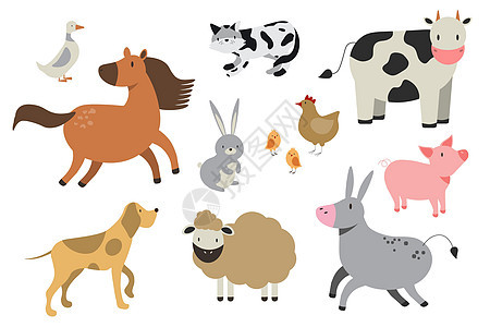 农场动物设置为白色背景上孤立的平面样式 矢量图 可爱卡通动物合集绵羊 山羊 牛 驴 马 猪 猫 狗 鸭 鹅 鸡 EPS图片