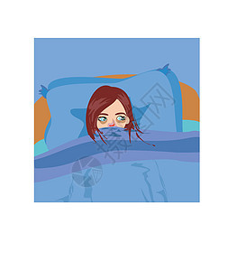 躺在床上的生病女孩鼻子软垫温度毯子女性亚麻发烧插图睡眠寝具图片